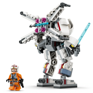 A LEGO® Star Wars™ Luke Skywalker™ X-Wing™ Mech by Legos - Toyhouse features a mech with a blue sword beside a Luke Skywalker minifigure in an orange pilot suit holding a blaster.