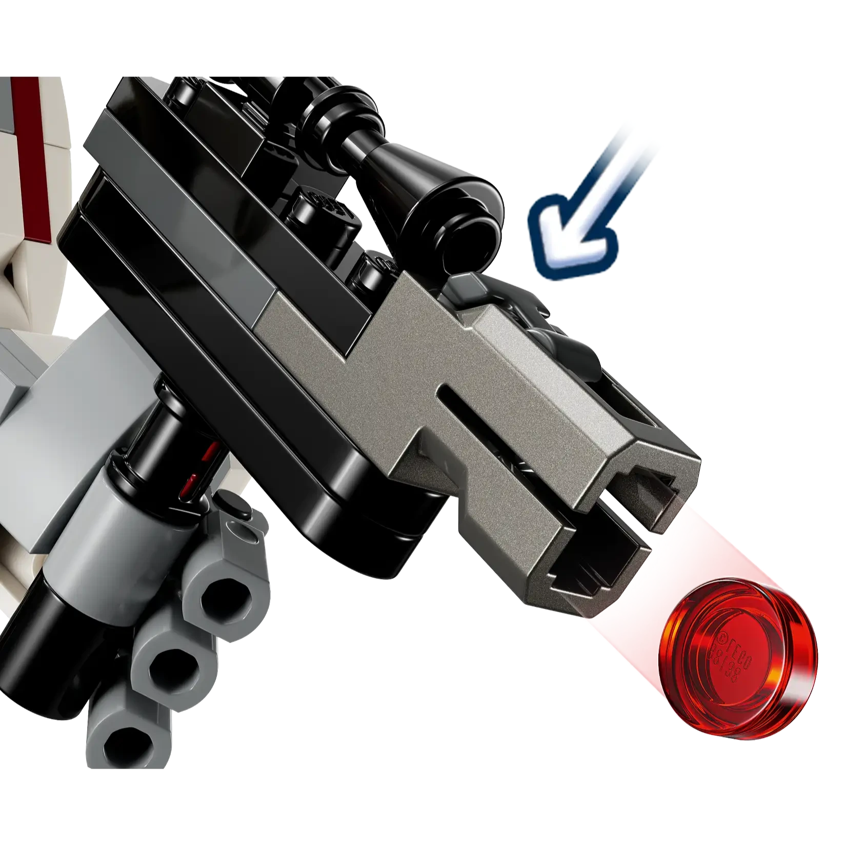 Close-up of a LEGO® Star Wars™ Luke Skywalker™ X-Wing™ Mech blaster launching a red projectile—just press the top button to recreate epic battles! From Legos - Toyhouse.