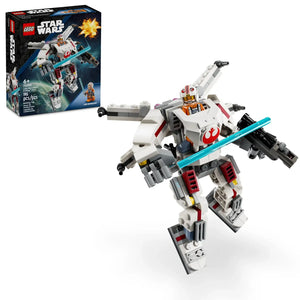 The LEGO® Star Wars™ Luke Skywalker™ X-Wing™ Mech by Legos - Toyhouse features a buildable white and red mech suit with a Luke Skywalker minifigure holding a blue lightsaber and blaster, displayed with its box in the background.