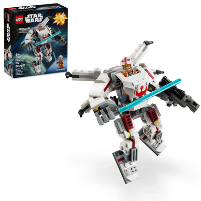 The LEGO® Star Wars™ Luke Skywalker™ X-Wing™ Mech by Legos - Toyhouse features a buildable white and red mech suit with a Luke Skywalker minifigure holding a blue lightsaber and blaster, displayed with its box in the background.