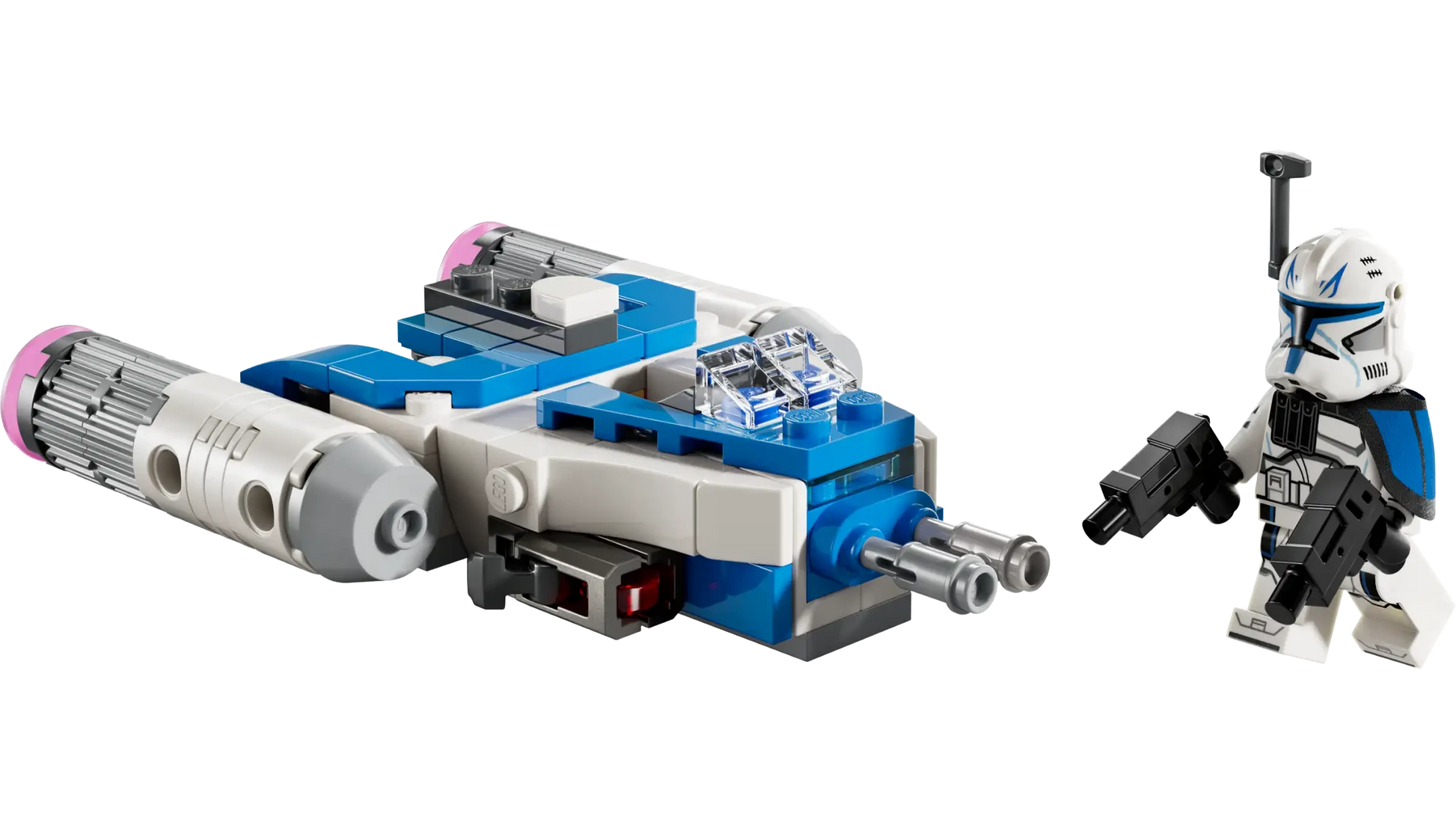 The LEGO® Star Wars™ Captain Rex™ Y-Wing™ Microfighter by Legos - Toyhouse includes a blue and gray mini Y-Wing and a clone trooper minifigure with two blasters.