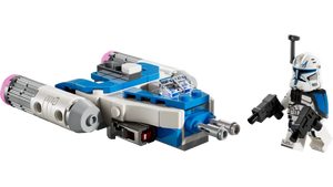 The LEGO® Star Wars™ Captain Rex™ Y-Wing™ Microfighter by Legos - Toyhouse includes a blue and gray mini Y-Wing and a clone trooper minifigure with two blasters.