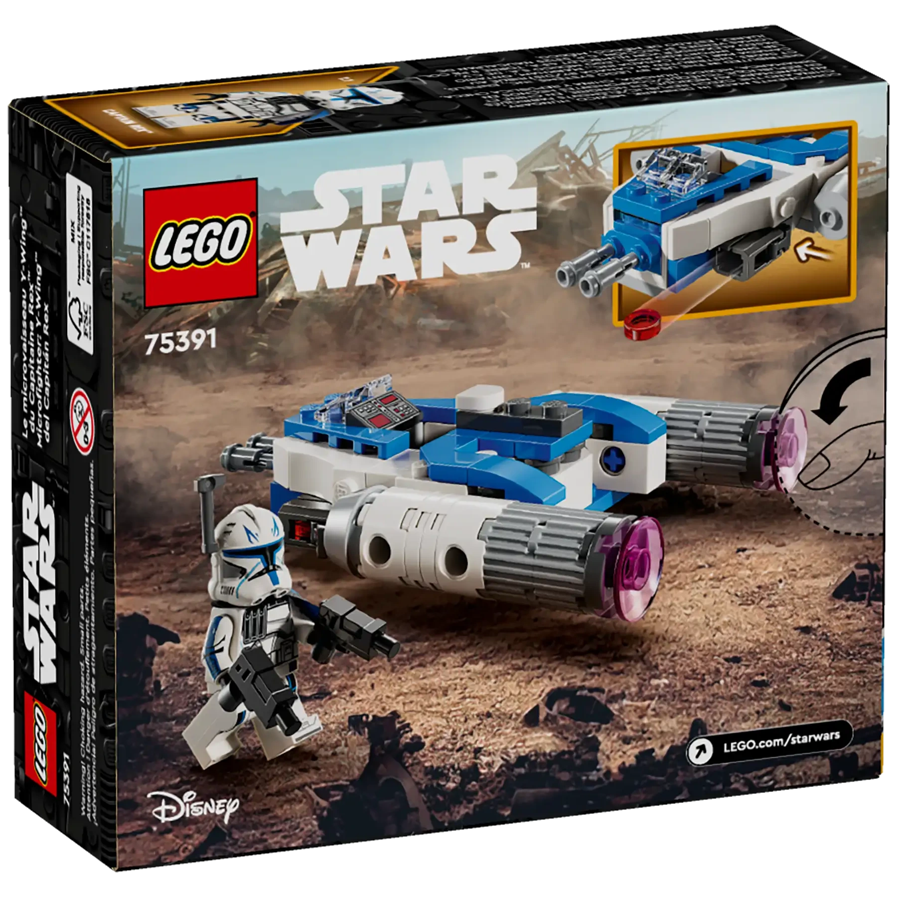 The LEGO® Star Wars™ Captain Rex™ Y-Wing™ Microfighter by Legos - Toyhouse features a blue and gray Microfighter and a clone trooper minifigure, inspired by Captain Rex’s adventures, shown on a battle-scarred landscape.