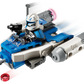 A Legos - Toyhouse LEGO® Star Wars™ Captain Rex™ Y-Wing™ Microfighter features a Captain Rex minifigure piloting a blue and white twin-engine ship that fires a red projectile.