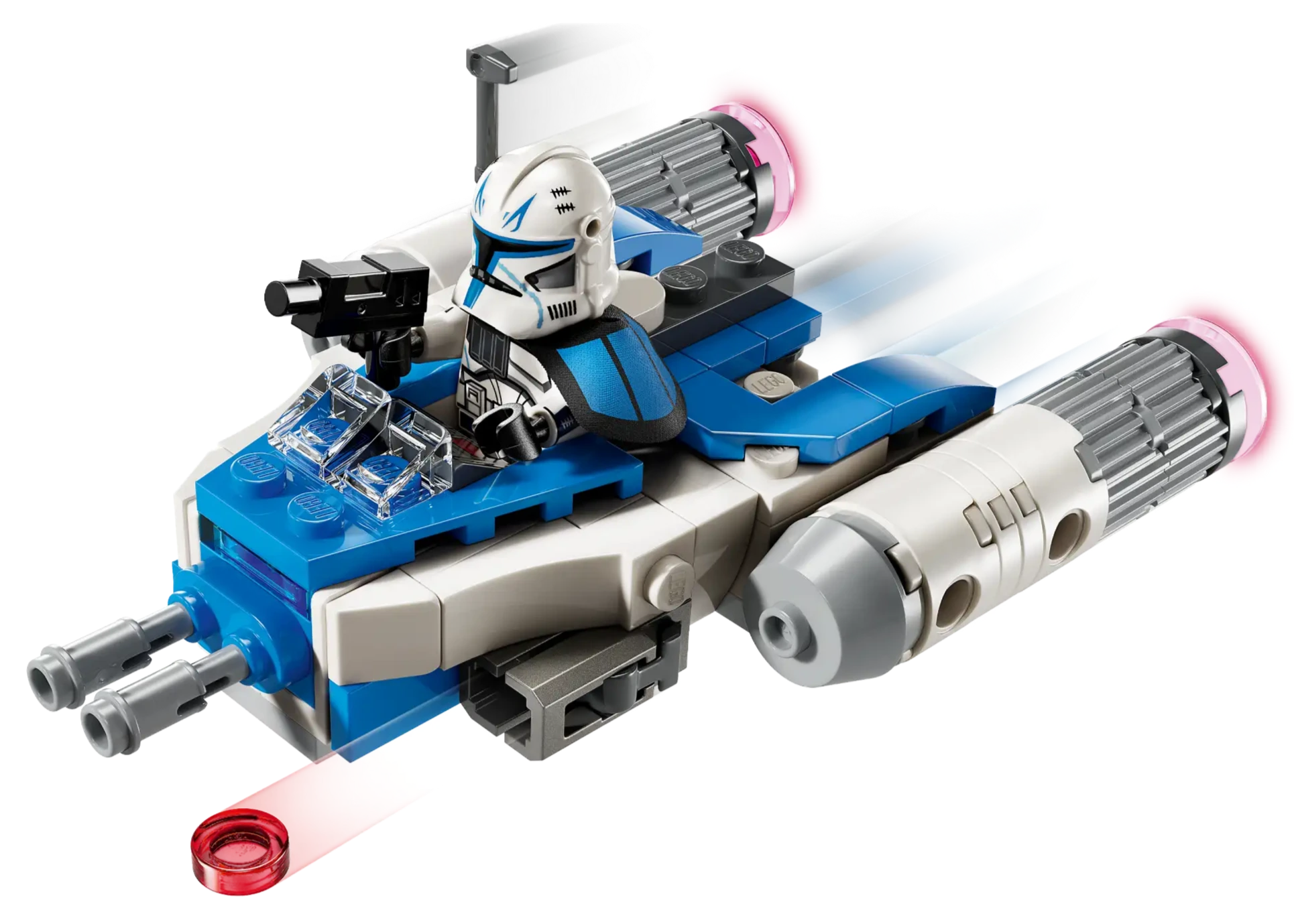 A Legos - Toyhouse LEGO® Star Wars™ Captain Rex™ Y-Wing™ Microfighter features a Captain Rex minifigure piloting a blue and white twin-engine ship that fires a red projectile.