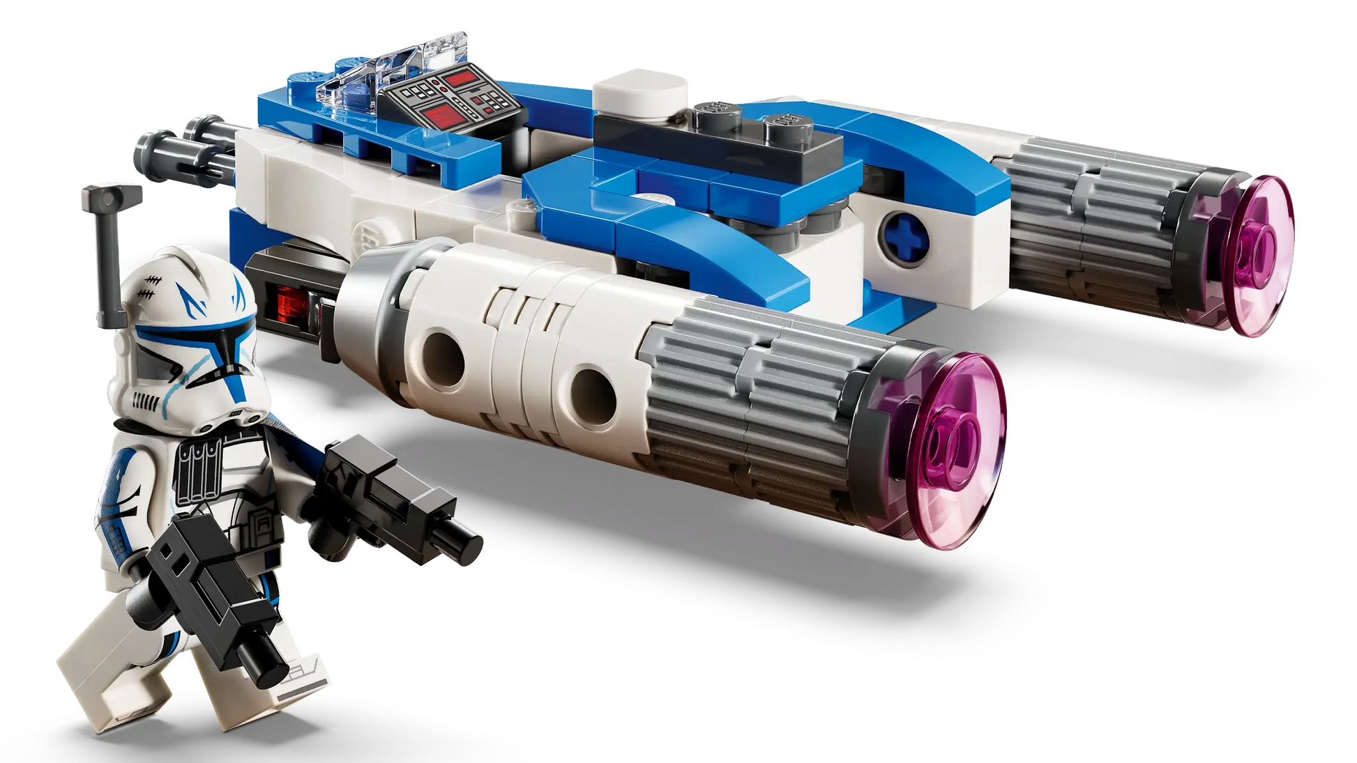 A LEGO® Star Wars™ Captain Rex™ Y-Wing™ Microfighter from Legos - Toyhouse features two large engines, bold purple accents, and comes with a minifigure holding a blaster.