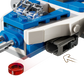Close-up of the LEGO® Star Wars™ Captain Rex™ Y-Wing™ Microfighter by Legos - Toyhouse launching a red piece from the front, with an arrow highlighting the firing mechanism.