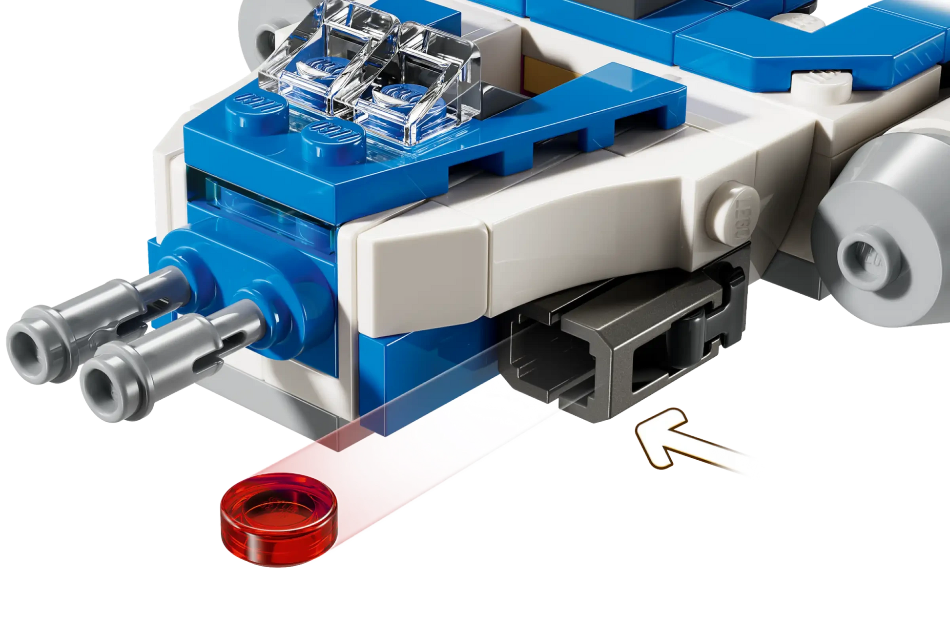 Close-up of the LEGO® Star Wars™ Captain Rex™ Y-Wing™ Microfighter by Legos - Toyhouse launching a red piece from the front, with an arrow highlighting the firing mechanism.