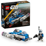 The LEGO® Star Wars™ Captain Rex™ Y-Wing™ Microfighter by Legos - Toyhouse includes 99 pieces, a Captain Rex minifigure with blaster, and comes assembled next to its box—ideal for Microfighter fans!.