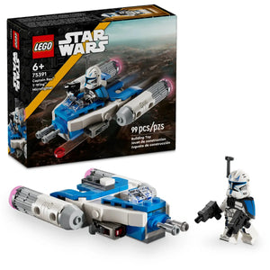 The LEGO® Star Wars™ Captain Rex™ Y-Wing™ Microfighter by Legos - Toyhouse includes 99 pieces, a Captain Rex minifigure with blaster, and comes assembled next to its box—ideal for Microfighter fans!.