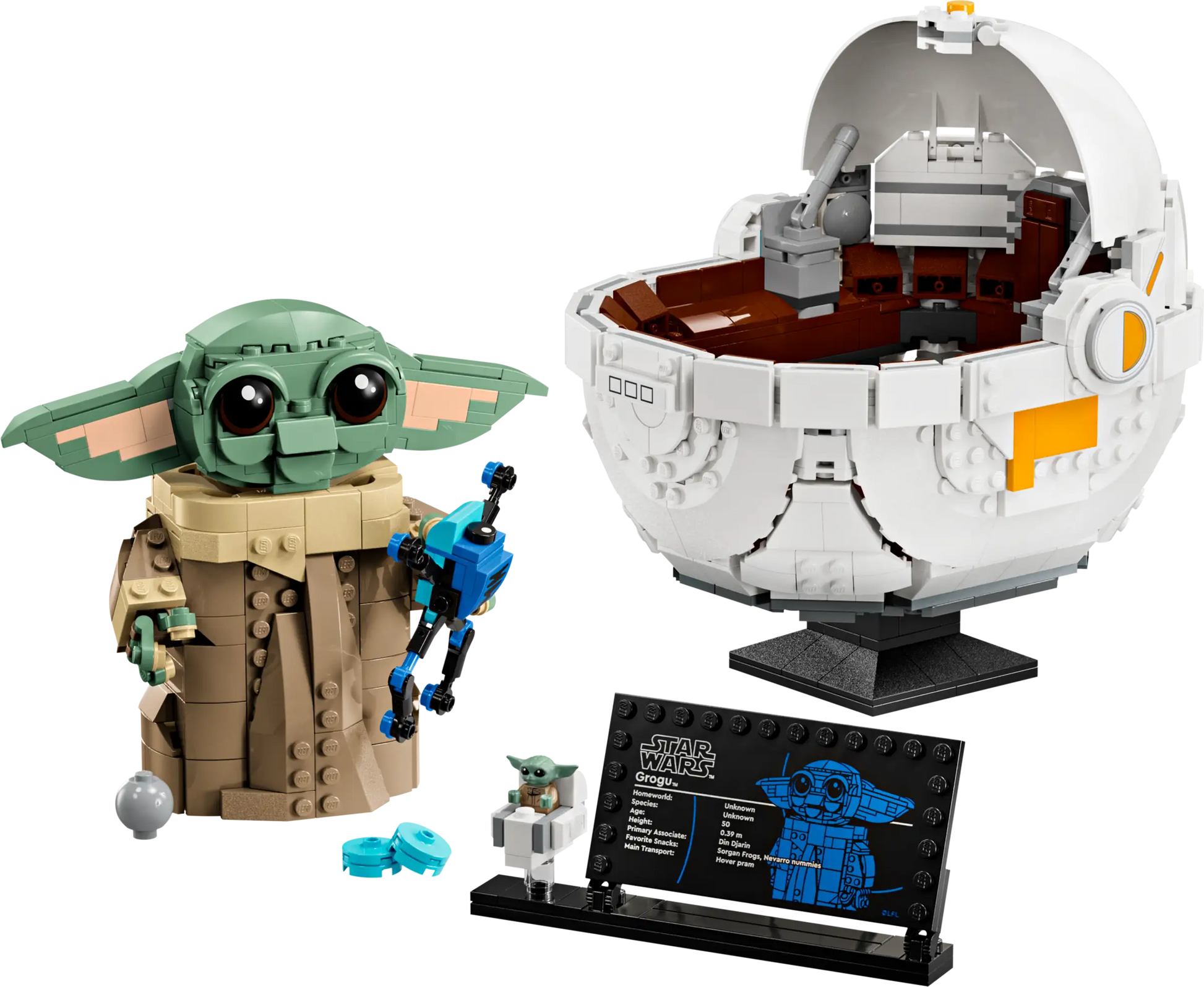 This LEGO Star Wars™ Grogu™ with Hover Pram by Legos - Toyhouse features a small green character, complete with a white pod and black plaque—a must-have for The Mandalorian fans!.