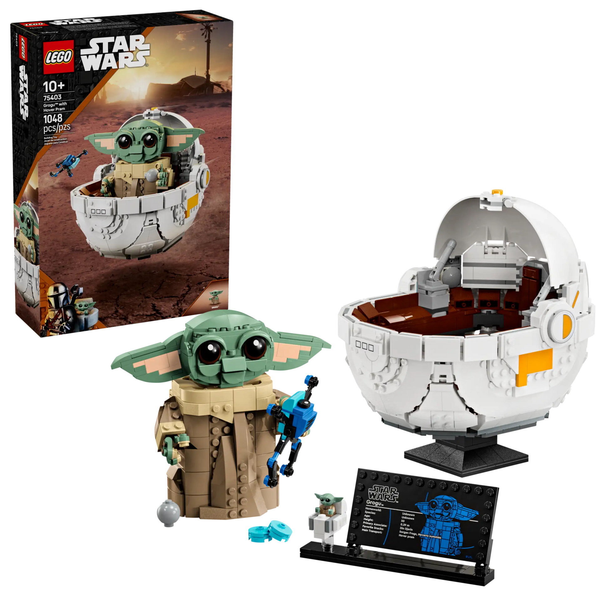 Legos - Toyhouse presents the LEGO Star Wars™ Grogu™ with Hover Pram set, featuring a buildable pram, display sign, and decorative elements. Ideal for The Mandalorian fans, this set includes a Grogu toy figure. Box and completed model shown.