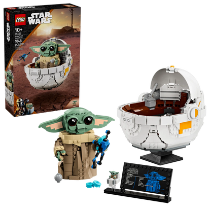 Legos - Toyhouse presents the LEGO Star Wars™ Grogu™ with Hover Pram set, featuring a buildable pram, display sign, and decorative elements. Ideal for The Mandalorian fans, this set includes a Grogu toy figure. Box and completed model shown.