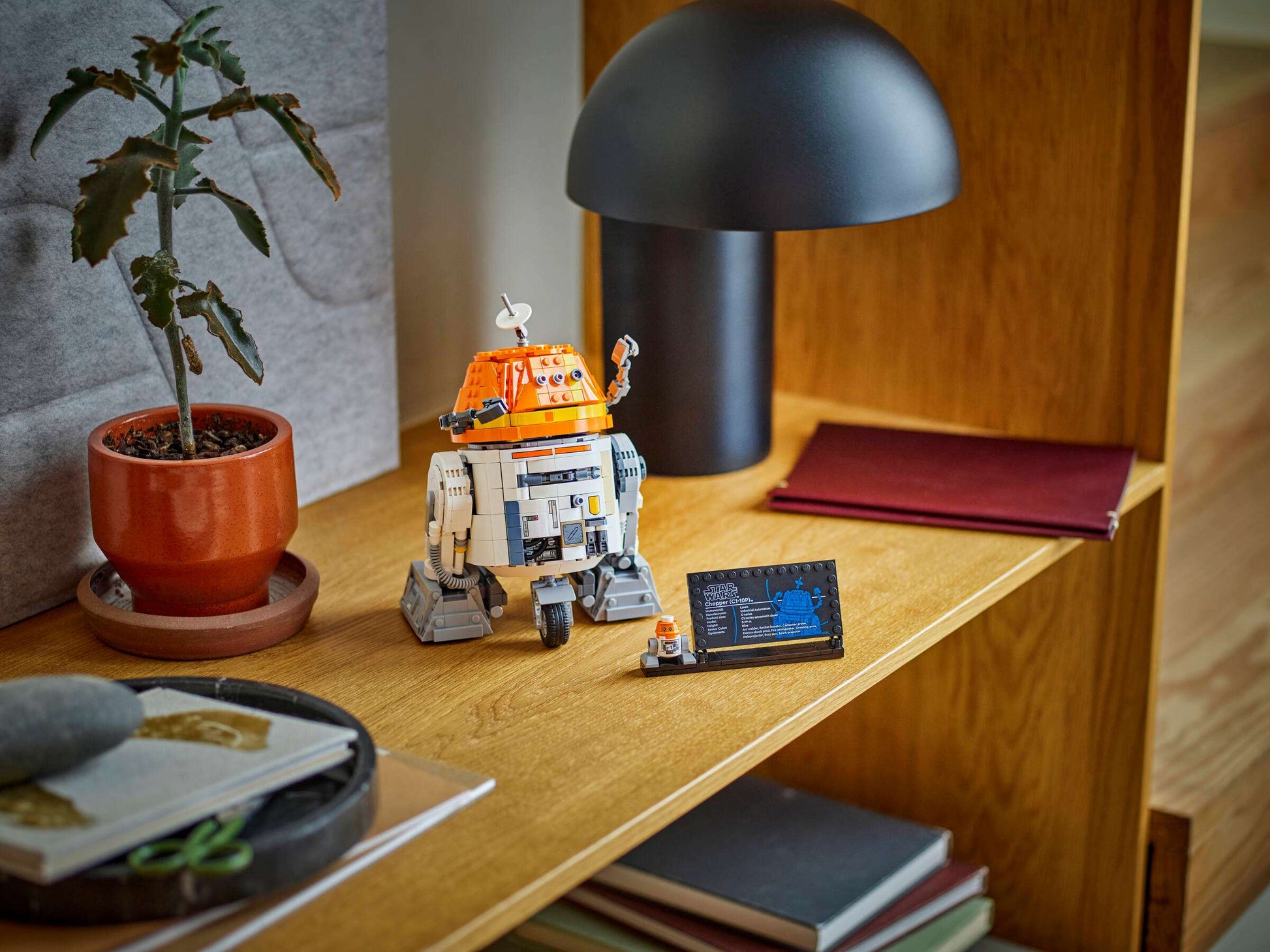 The LEGO® Star Wars™ Chopper (C1-10P)™ Astromech Droid by Legos - Toyhouse is displayed with a small plaque on a wooden shelf beside a potted plant, lamp, and books—an ideal collectible for any Star Wars Ahsoka fan.
