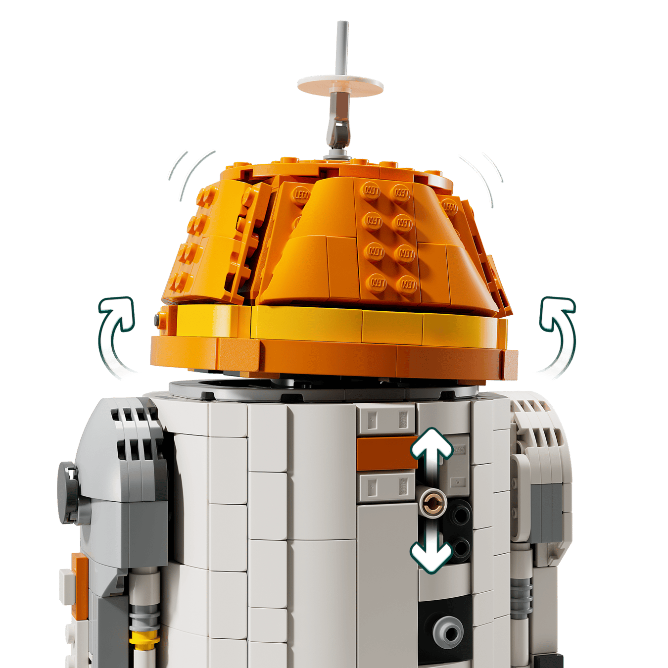 A close-up of the LEGO® Star Wars™ Chopper (C1-10P)™ Astromech Droid by Legos - Toyhouse, featuring an orange dome and arrows showing its head can rotate and move up and down.
