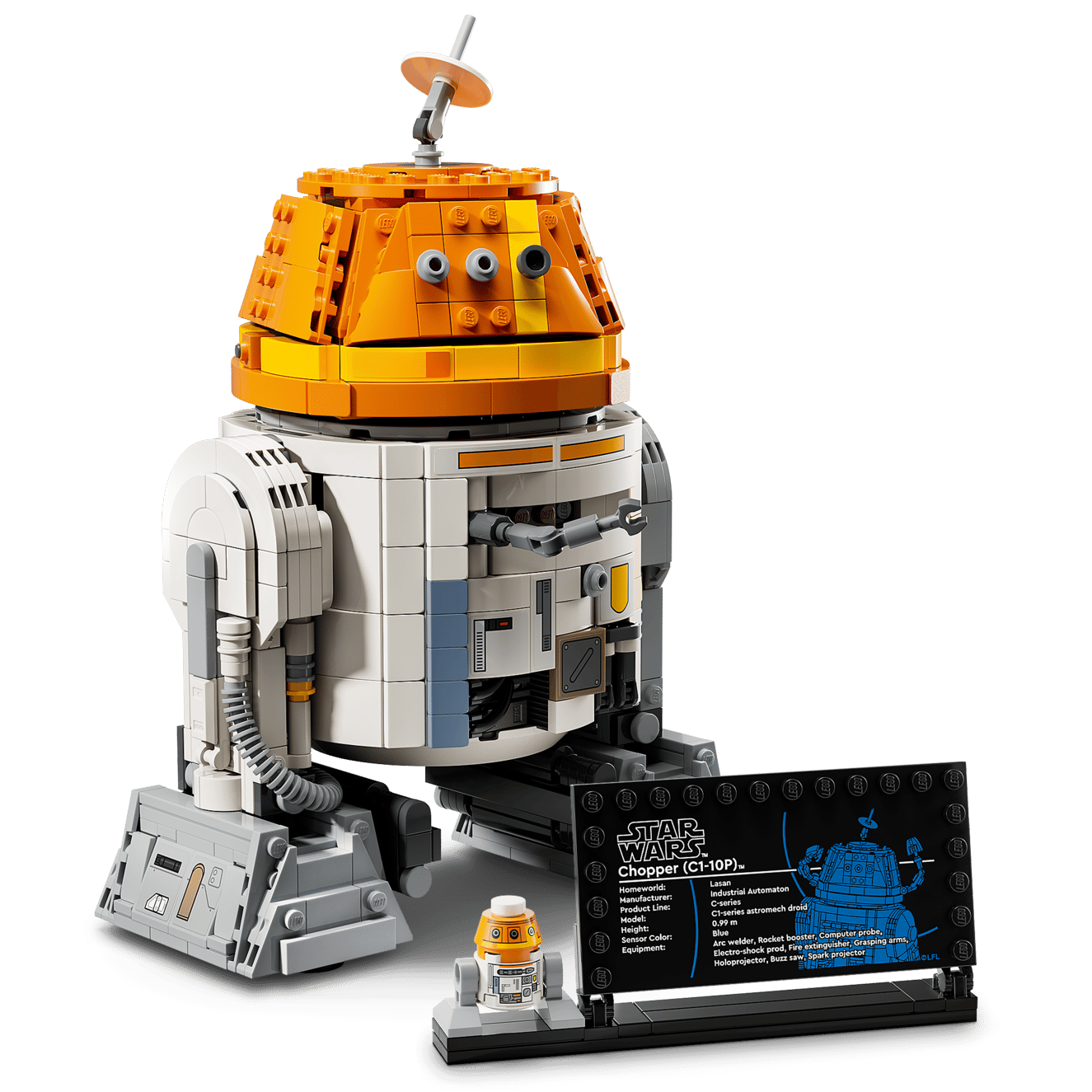 The LEGO® Star Wars™ Chopper (C1-10P)™ Astromech Droid by Legos - Toyhouse includes a mini figure and an information plaque displayed in front, inspired by Star Wars: Ahsoka.