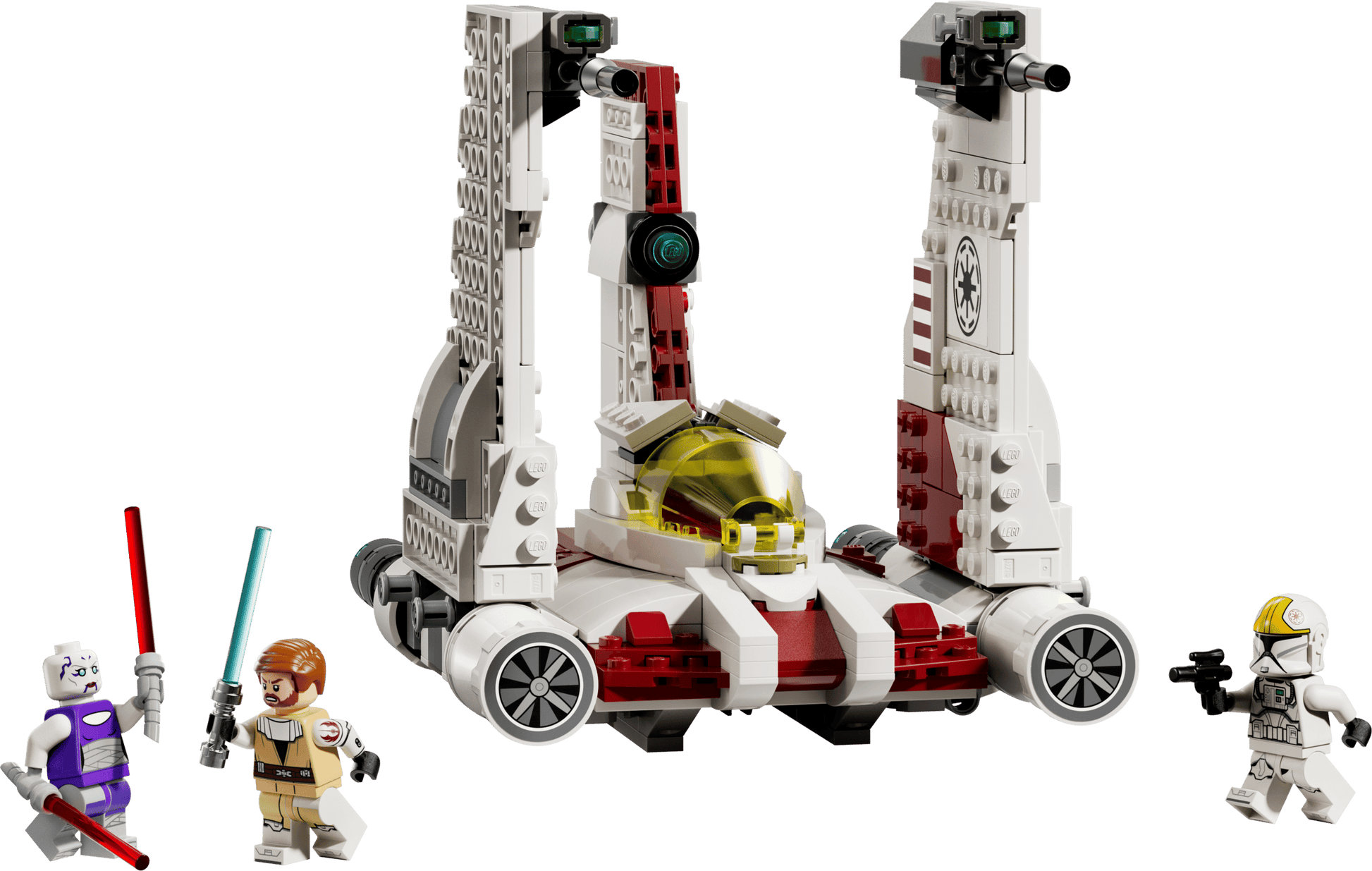 The Legos - Toyhouse LEGO® Star Wars™ V-19 Torrent Starfighter set features red and white accents, two blasters, and minifigures with lightsabers and blasters—an exciting building toy for kids.