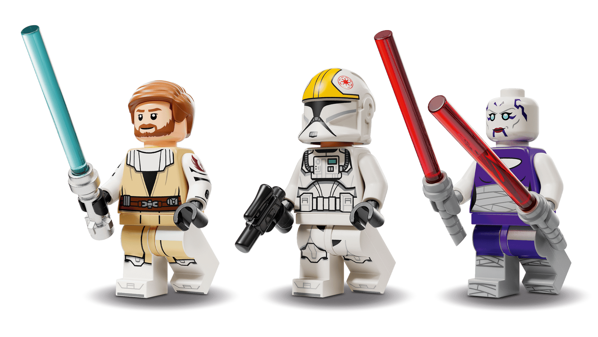 The LEGO® Star Wars™ V-19 Torrent Starfighter by Legos - Toyhouse includes three minifigures: one with a blue lightsaber, one helmeted with a blaster, and one pale figure with a red lightsaber—great for any collection.