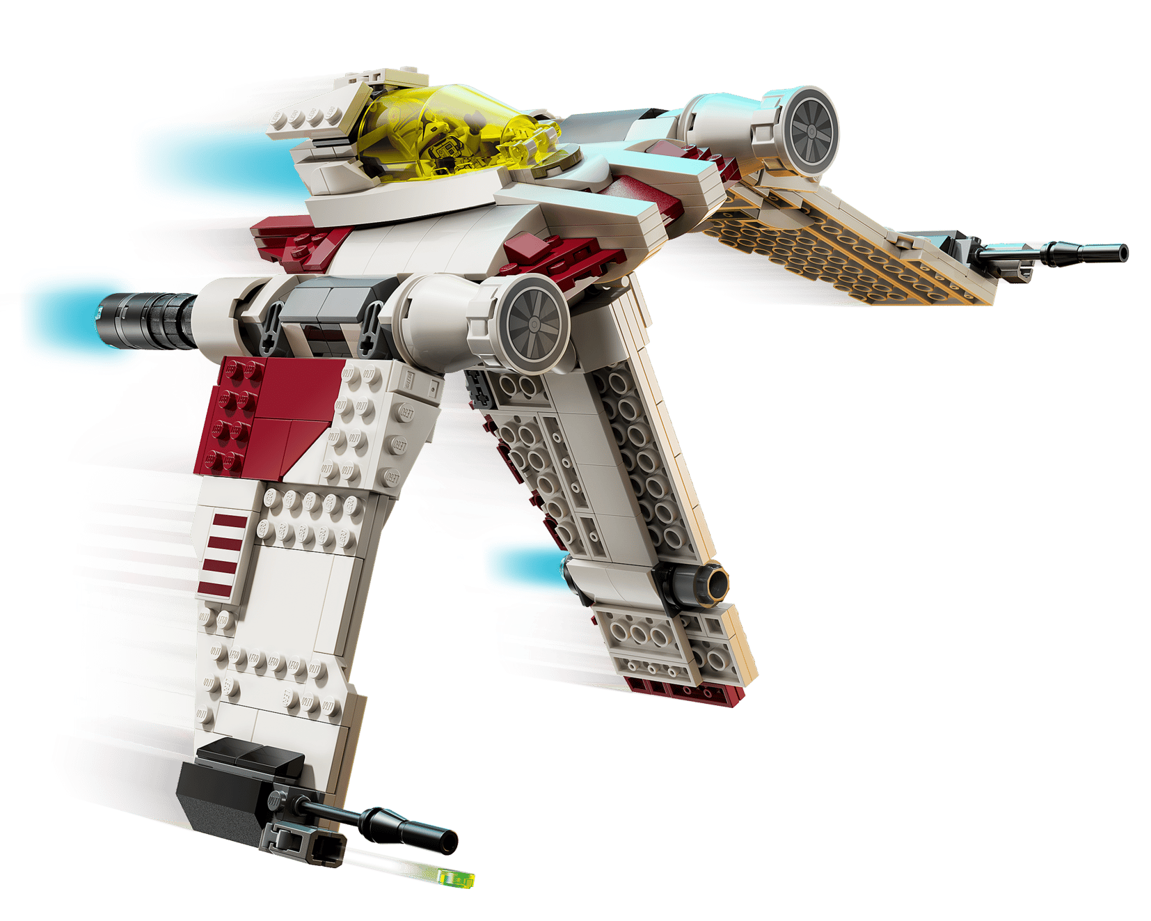 The LEGO® Star Wars™ V-19 Torrent Starfighter by Legos - Toyhouse features angled wings, a yellow cockpit, and blue engine thrusters—an exciting building toy for kids inspired by the iconic spacecraft.