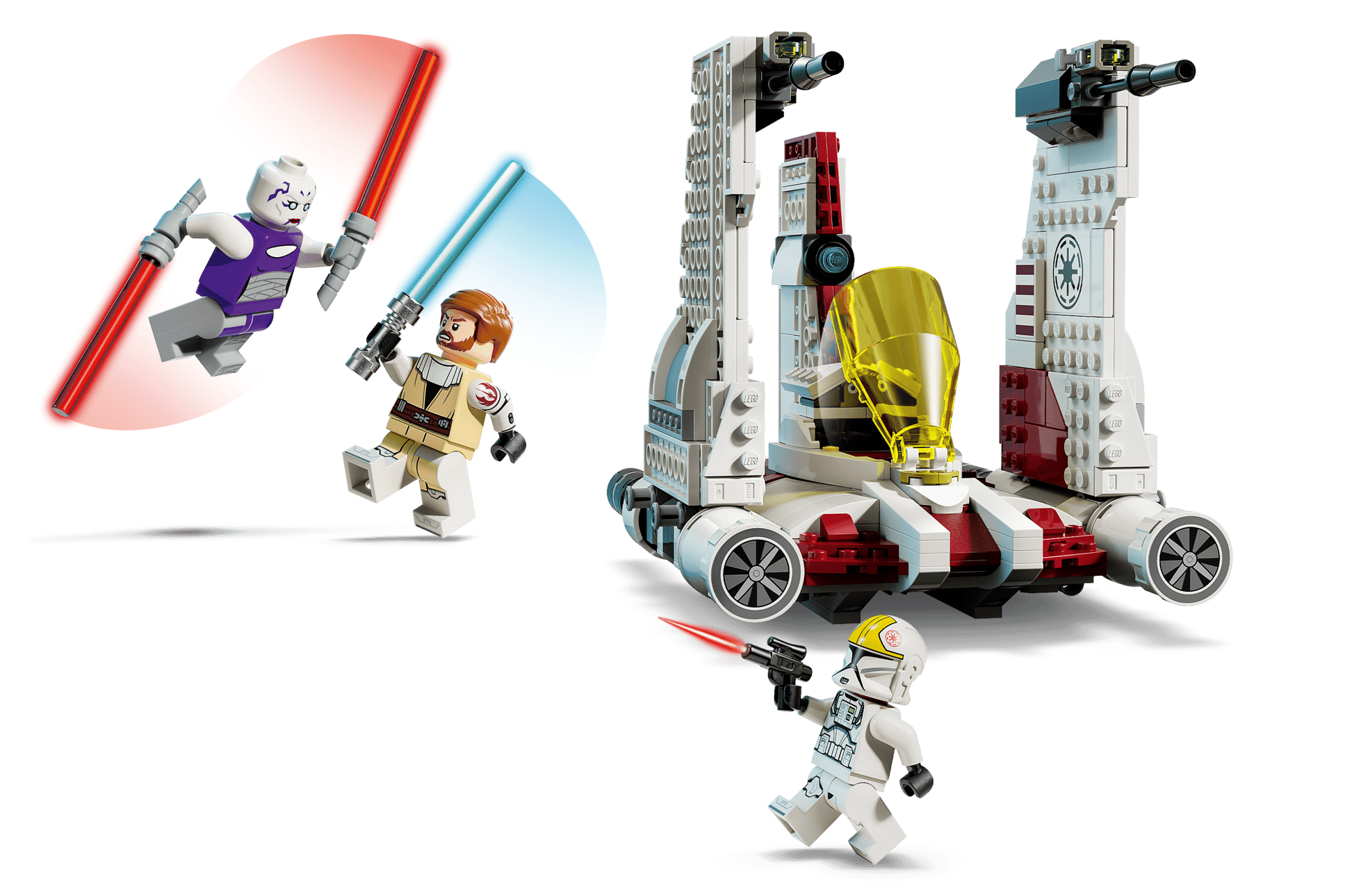 The LEGO® Star Wars™ V-19 Torrent Starfighter by Legos - Toyhouse features a Republic gunship, two dueling figures with lightsabers, and a clone trooper with a blaster—perfect for kids who love exciting space battle building sets.