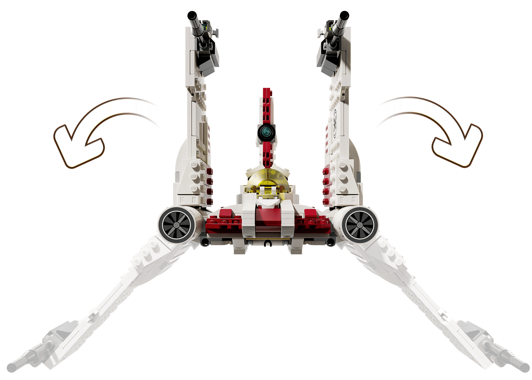 The LEGO® Star Wars™ V-19 Torrent Starfighter by Legos - Toyhouse features spread wings, a yellow cockpit, and brown arrows showing wing movement—a great building toy for kids.