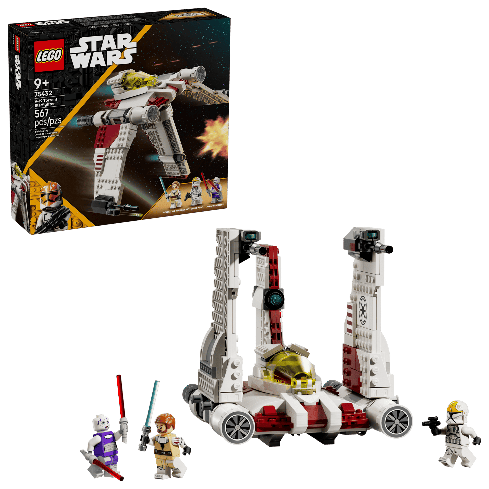 The LEGO® Star Wars™ V-19 Torrent Starfighter by Legos - Toyhouse is a fun building toy for kids, featuring an assembled starfighter, three minifigures with weapons, and the product box in the background.