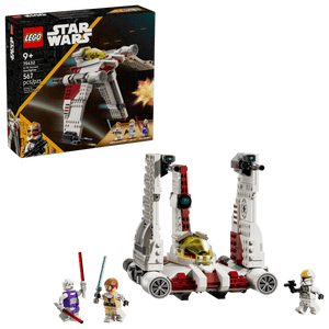The LEGO® Star Wars™ V-19 Torrent Starfighter by Legos - Toyhouse is a fun building toy for kids, featuring an assembled starfighter, three minifigures with weapons, and the product box in the background.