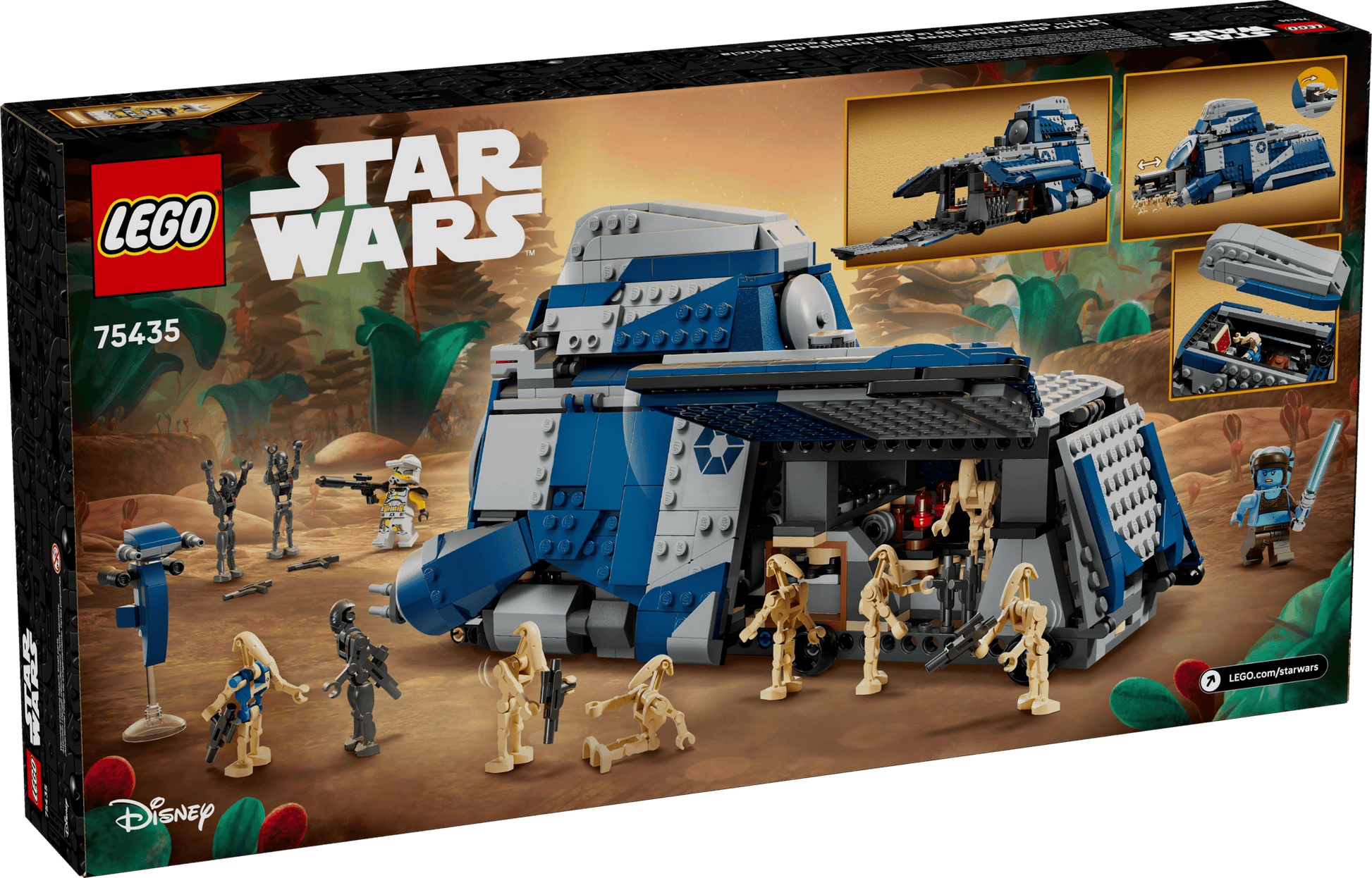 The Legos - Toyhouse LEGO® Star Wars™ Battle of Felucia Separatist MTT™ set features a blue and gray tank, droid and clone minifigures, and a desert backdrop, inspired by the iconic Felucia battle.
