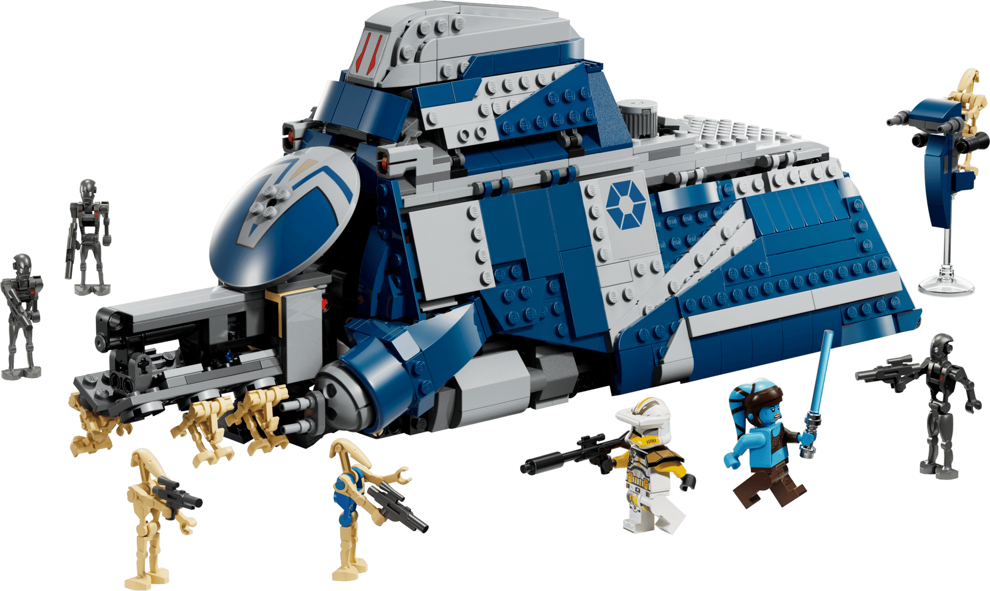 The LEGO® Star Wars™ Battle of Felucia Separatist MTT™ by Legos - Toyhouse includes a blue and gray MTT, minifigures, and weapons—ideal for reliving the epic Battle of Felucia.