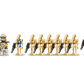 Nine LEGO® Star Wars™ minifigures from the Legos - Toyhouse Battle of Felucia Separatist MTT™ set—including two blue and white and seven tan/dark gray battle droids—stand in a row with weapons, perfect for battle scenes.