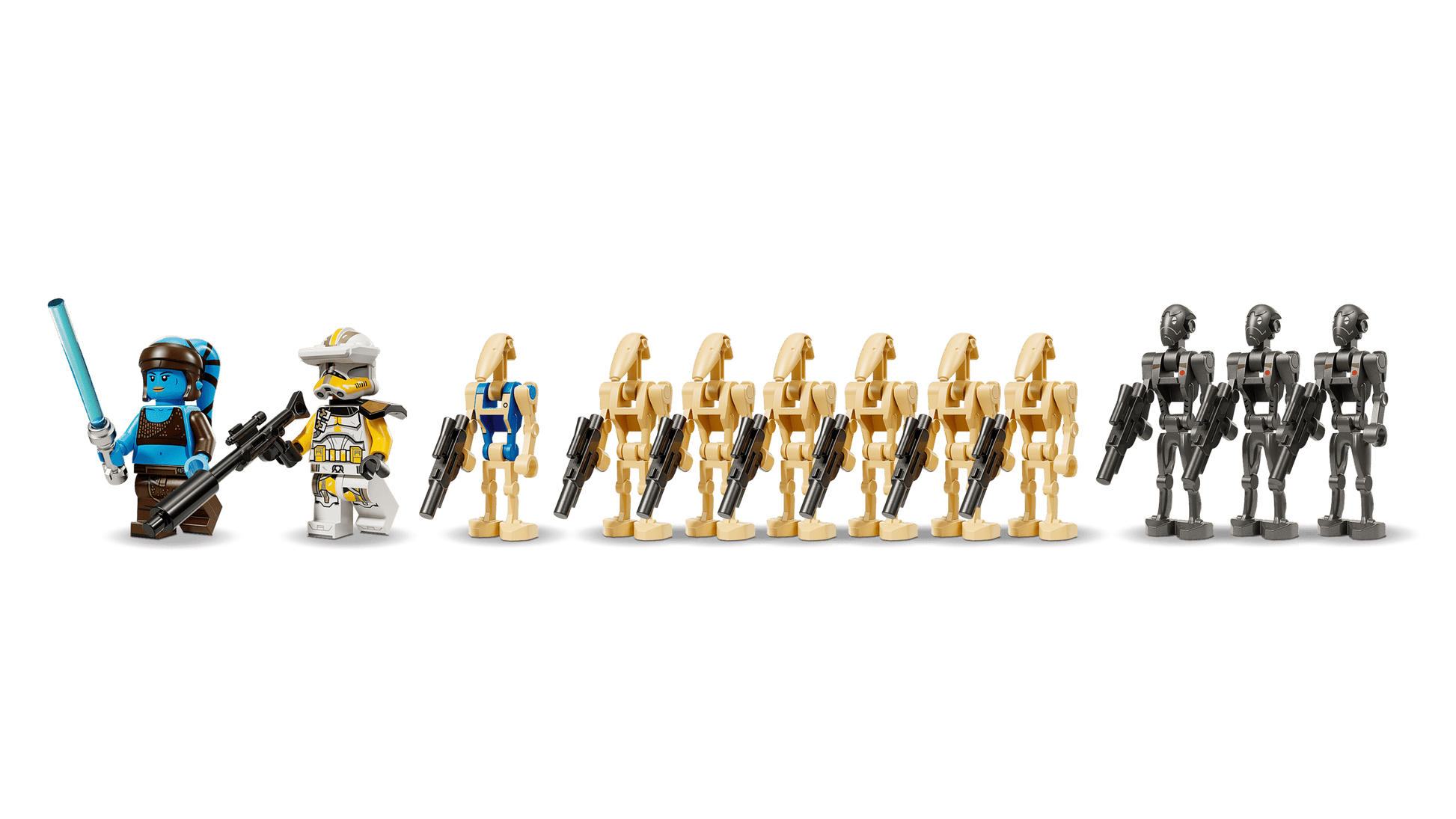 Nine LEGO® Star Wars™ minifigures from the Legos - Toyhouse Battle of Felucia Separatist MTT™ set—including two blue and white and seven tan/dark gray battle droids—stand in a row with weapons, perfect for battle scenes.