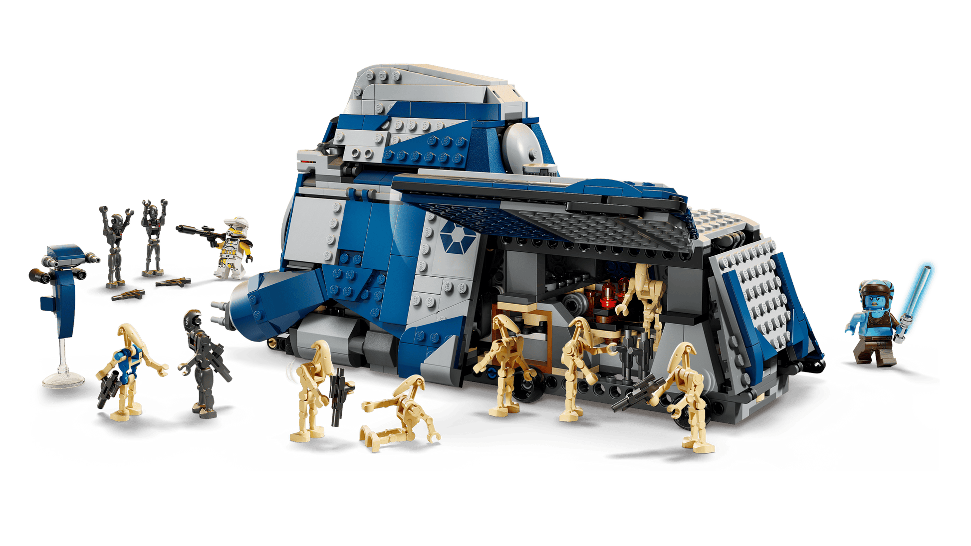 The LEGO® Star Wars™ Battle of Felucia Separatist MTT™ by Legos - Toyhouse includes a blue and gray MTT building toy, droid and clone minifigures, plus accessories, all inspired by the Battle of Felucia.