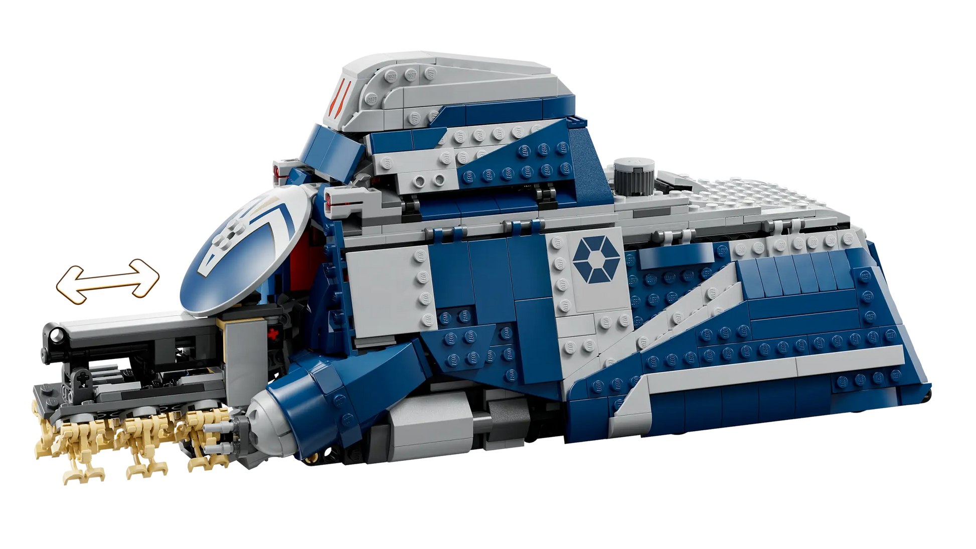 The LEGO® Star Wars™ Battle of Felucia Separatist MTT™ by Legos - Toyhouse is a blue and gray, tank-like building toy with a sloped front and side emblem, featuring LEGO studs and inspired by the Battle of Felucia.