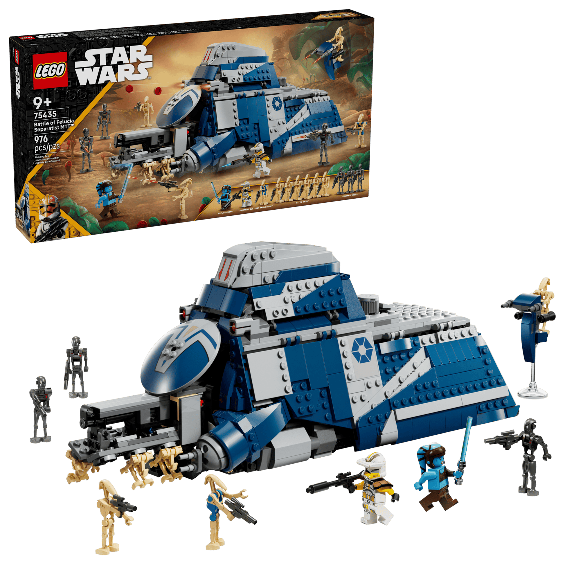The LEGO® Star Wars™ Battle of Felucia Separatist MTT™ by Legos - Toyhouse features a blue and gray Republic tank, minifigures, accessories, and includes the set box in the background.