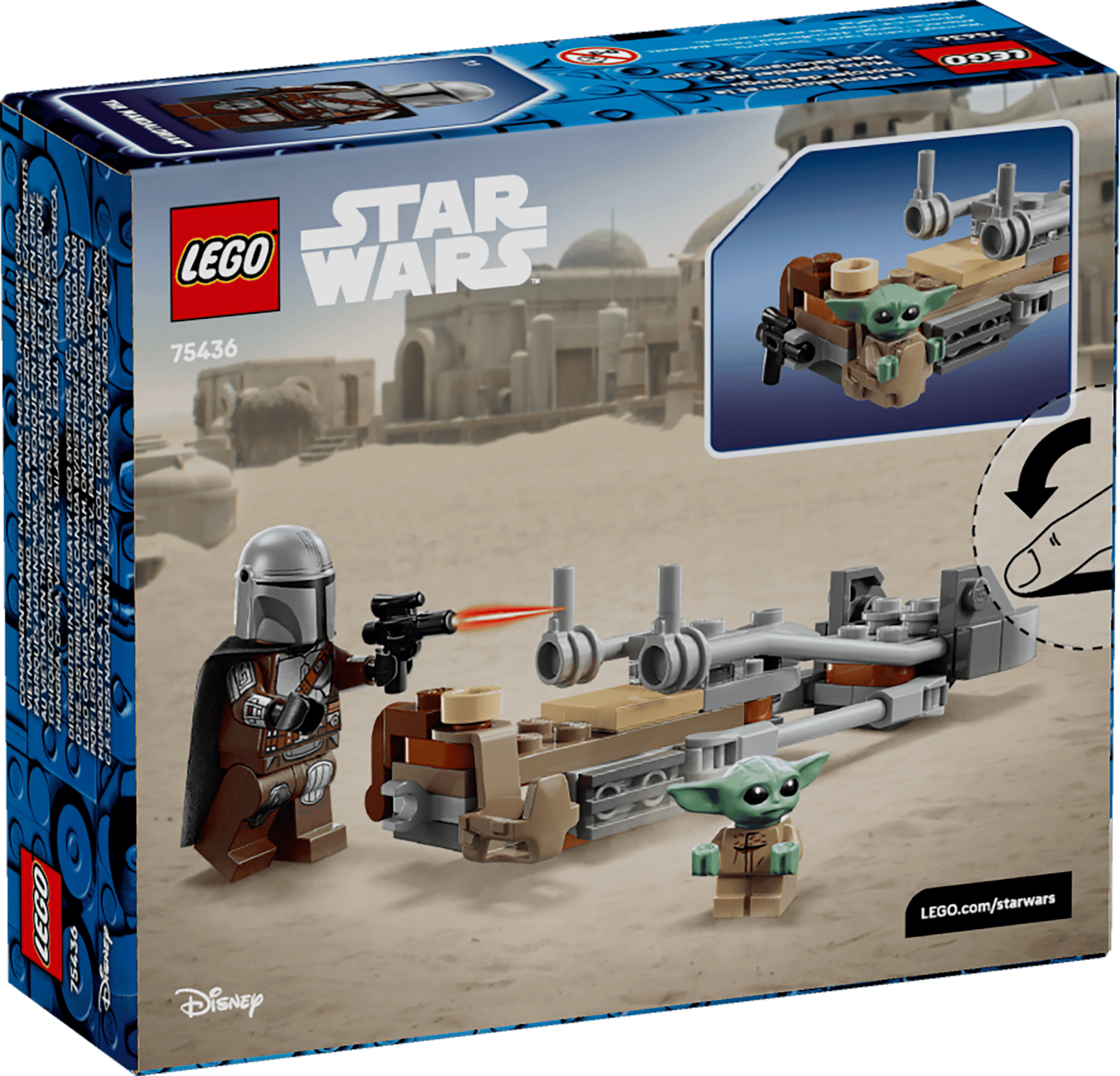 The LEGO® Star Wars™ The Mandalorian & Grogu's Speeder Bike™ set by Legos - Toyhouse includes The Mandalorian and Grogu minifigures, a speeder bike, and a desert backdrop—perfect for kids who love exciting building toys.