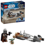 The LEGO® Star Wars™ The Mandalorian & Grogu's Speeder Bike™ by Legos - Toyhouse includes a speeder bike, The Mandalorian and Grogu figures, weapons, and accessories—box shown in background. Great building toy for kids and fans.