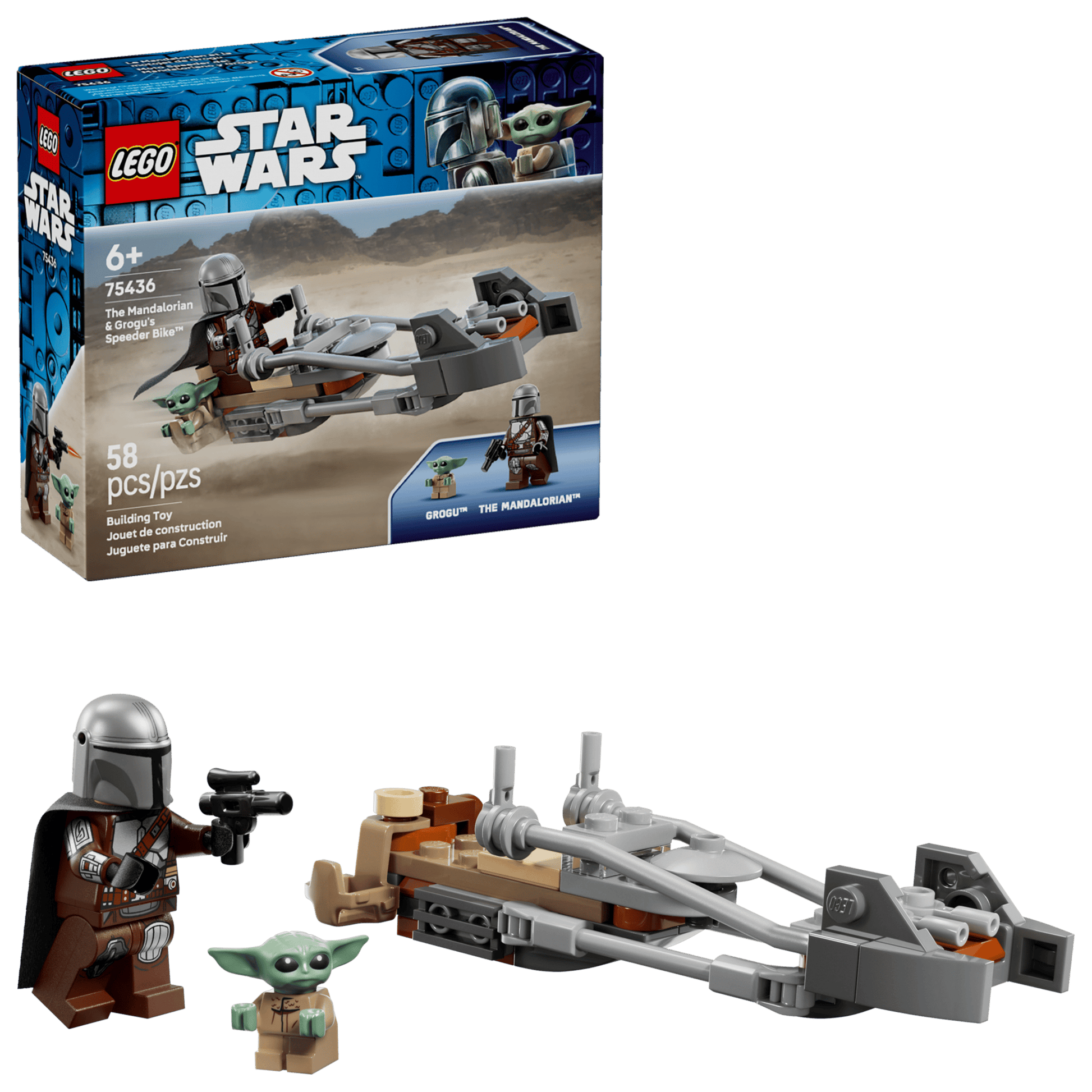 The LEGO® Star Wars™ The Mandalorian & Grogu's Speeder Bike™ by Legos - Toyhouse includes a speeder bike, The Mandalorian and Grogu figures, weapons, and accessories—box shown in background. Great building toy for kids and fans.