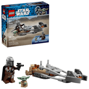 The LEGO® Star Wars™ The Mandalorian & Grogu's Speeder Bike™ by Legos - Toyhouse includes a speeder bike, The Mandalorian and Grogu figures, weapons, and accessories—box shown in background. Great building toy for kids and fans.