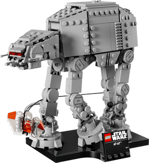 The LEGO® Star Wars™ AT-AT™ by Legos - Toyhouse is displayed on a black stand with a nameplate and includes an orange and white speeder, making it the ideal collectible for any Star Wars building set enthusiast.