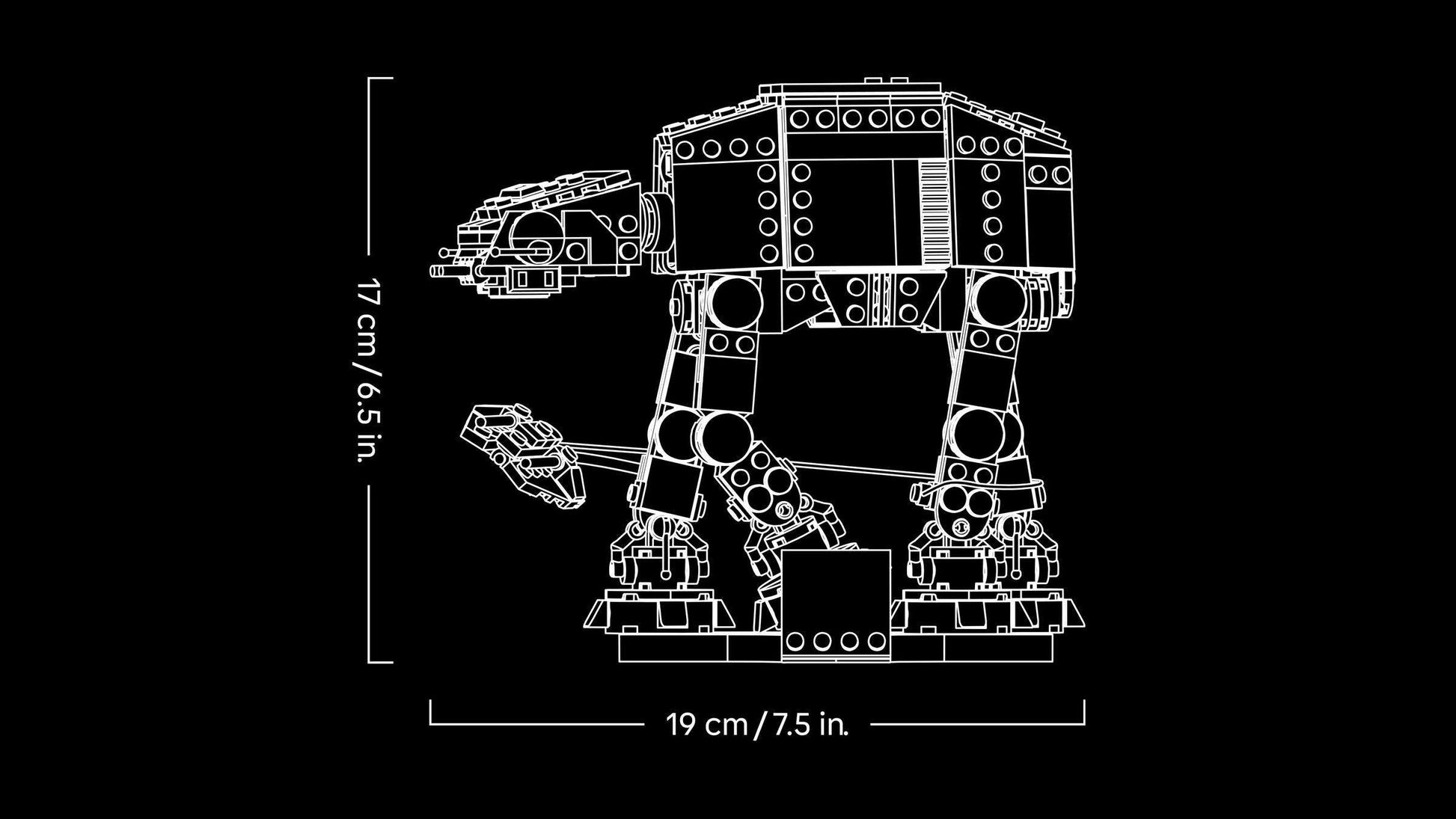 Diagram of the LEGO® Star Wars™ AT-AT™ by Legos - Toyhouse, with labeled dimensions: 17 cm (6.5 in) tall and 19 cm (7.5 in) long, shown on a black background.