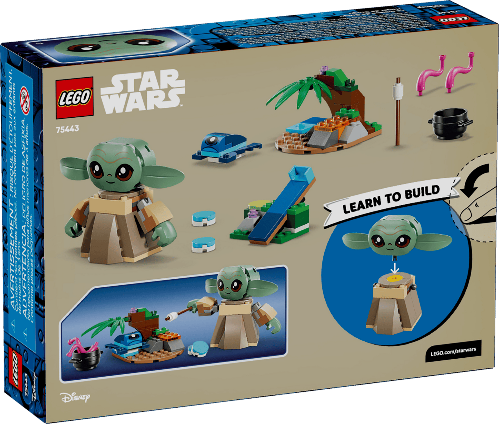 Back of Legos - Toyhouse LEGO® Star Wars™ Grogu's Homestead box showing Grogu figure, small island-style builds, creatures, accessories, and "Learn to Build" featured on the packaging.