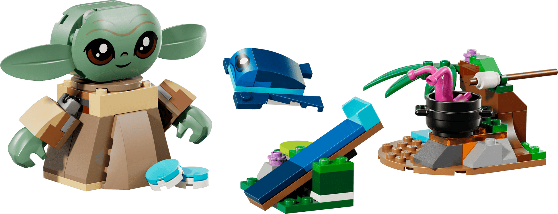 Explore the LEGO® Star Wars™ Grogu's Homestead set by Legos - Toyhouse, featuring a buildable Grogu figure, blue frog, platform, and campfire complete with a pot and roasted food.
