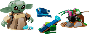 Explore the LEGO® Star Wars™ Grogu's Homestead set by Legos - Toyhouse, featuring a buildable Grogu figure, blue frog, platform, and campfire complete with a pot and roasted food.