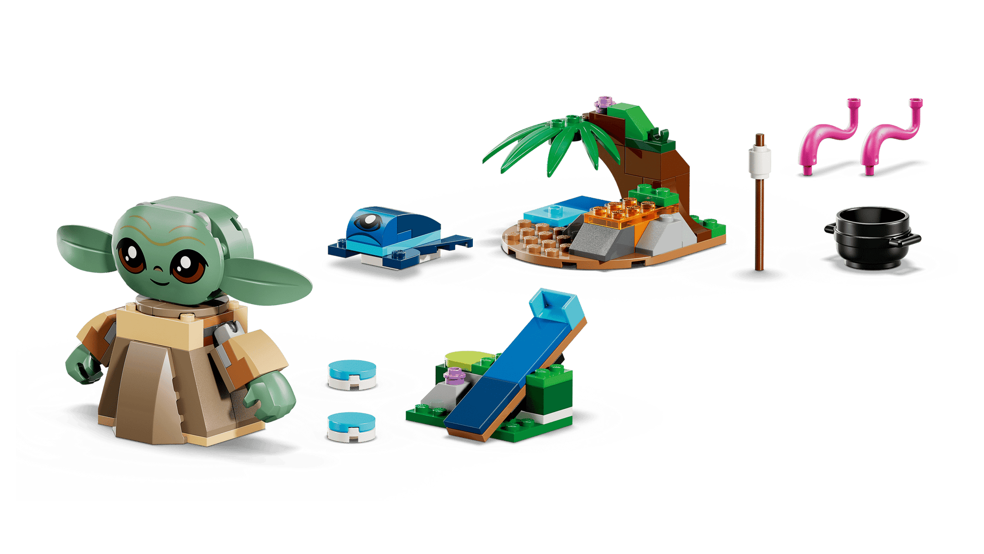 The Legos - Toyhouse LEGO® Star Wars™ Grogu's Homestead set includes a small Grogu figure, tropical scene with palm tree, blue slide, cauldron, marshmallow stick, two pink flamingos, and fun accessories on a white background.