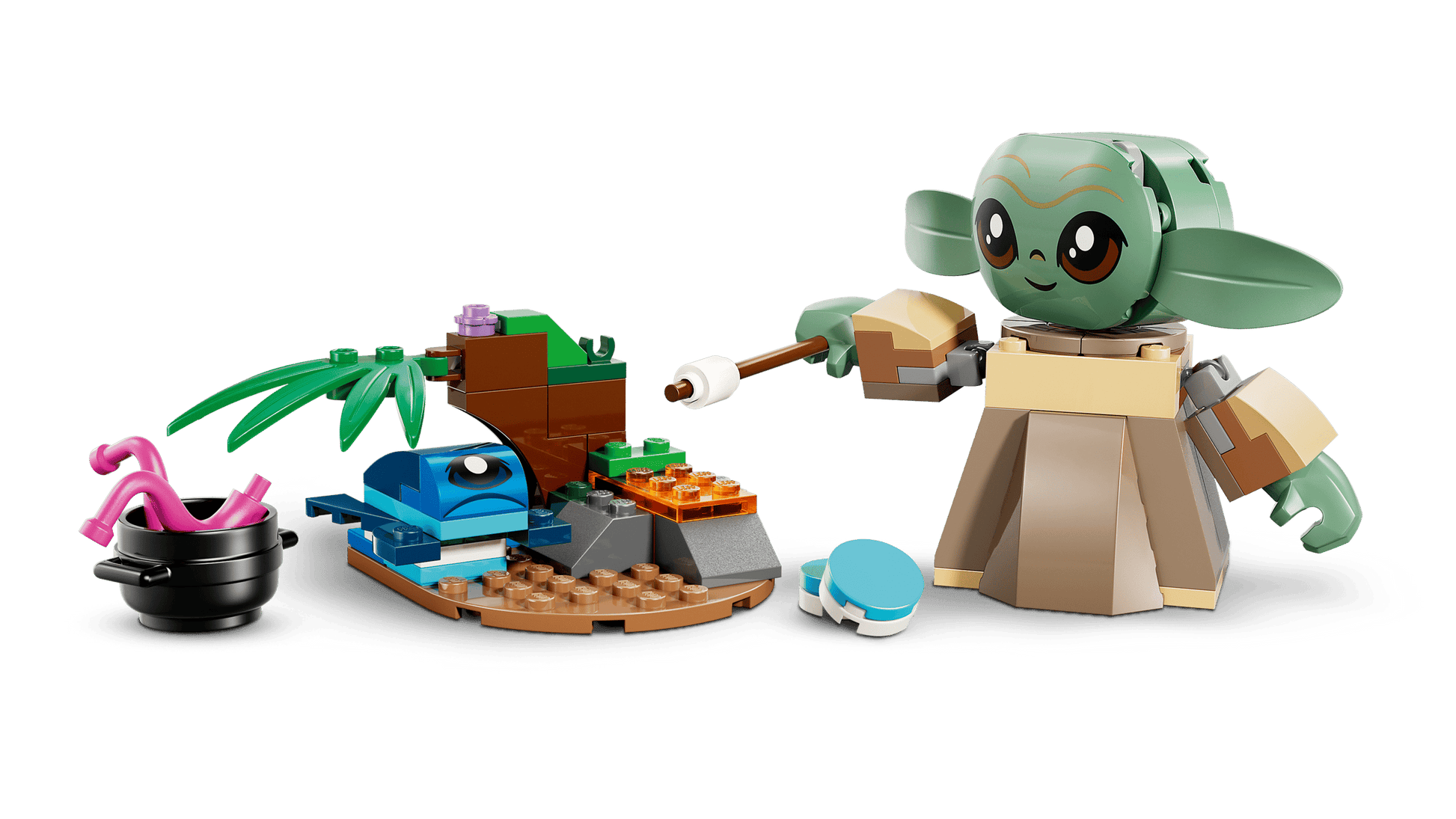 The Legos - Toyhouse LEGO® Star Wars™ Grogu's Homestead set includes a Grogu figure roasting a marshmallow at a campfire, plus fun accessories like a pot and blue fish for imaginative play.