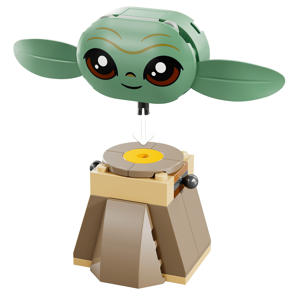 The Legos - Toyhouse LEGO® Star Wars™ Grogu’s Homestead set features Grogu’s head with big eyes and green ears atop a tan and brown pedestal, with an arrow showing head placement in this toy building kit.