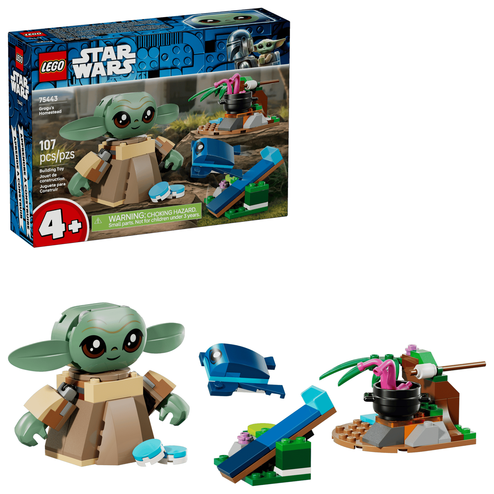 The Legos - Toyhouse LEGO® Star Wars™ Grogu’s Homestead set includes 107 pieces, a blue frog accessory, and buildable scene—ideal for ages 4+, perfect for young builders and Star Wars fans.