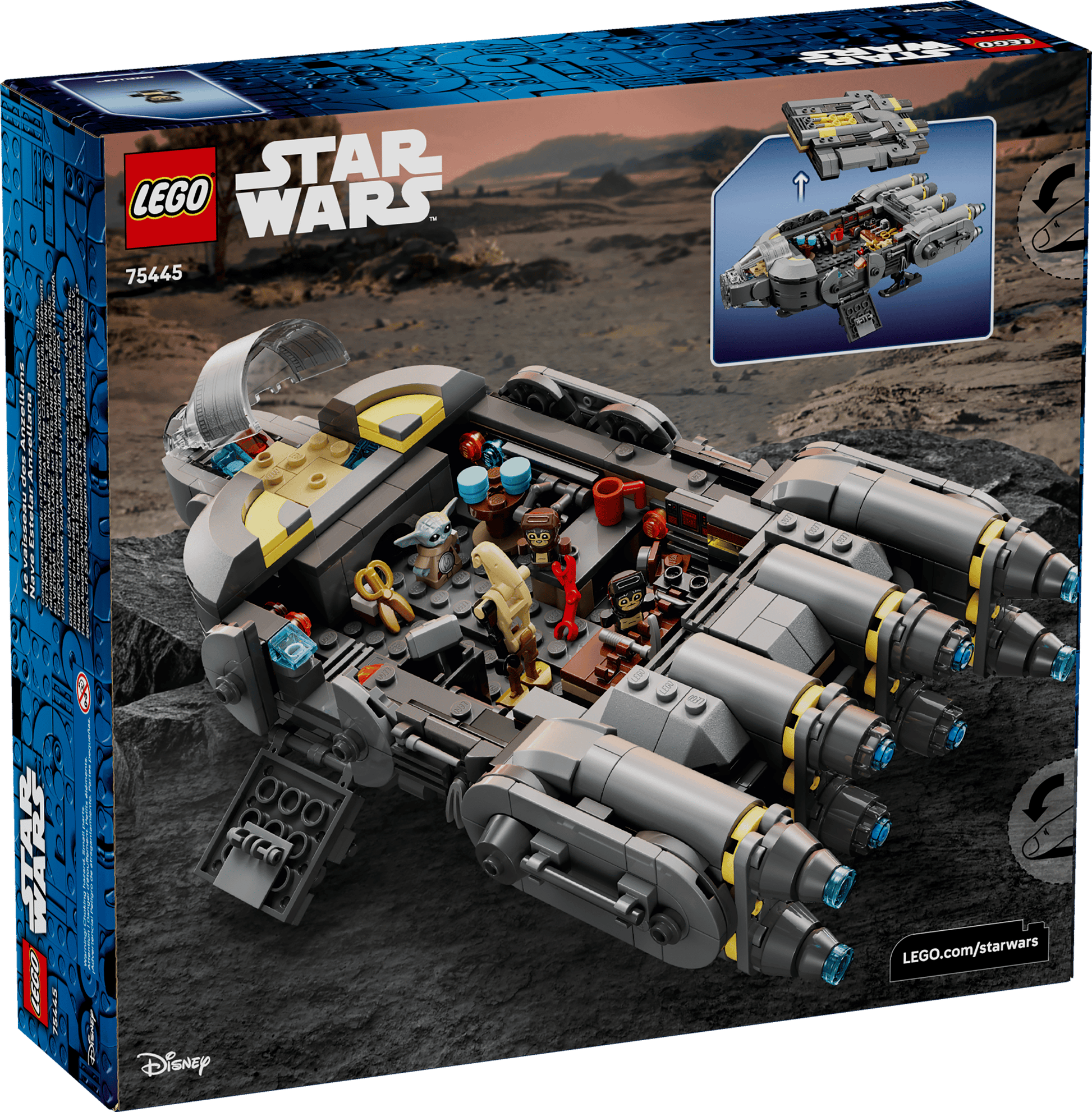 The LEGO® Star Wars™ Anzellan Starship box from Legos - Toyhouse displays the starship build and included minifigures set against a rocky terrain backdrop.