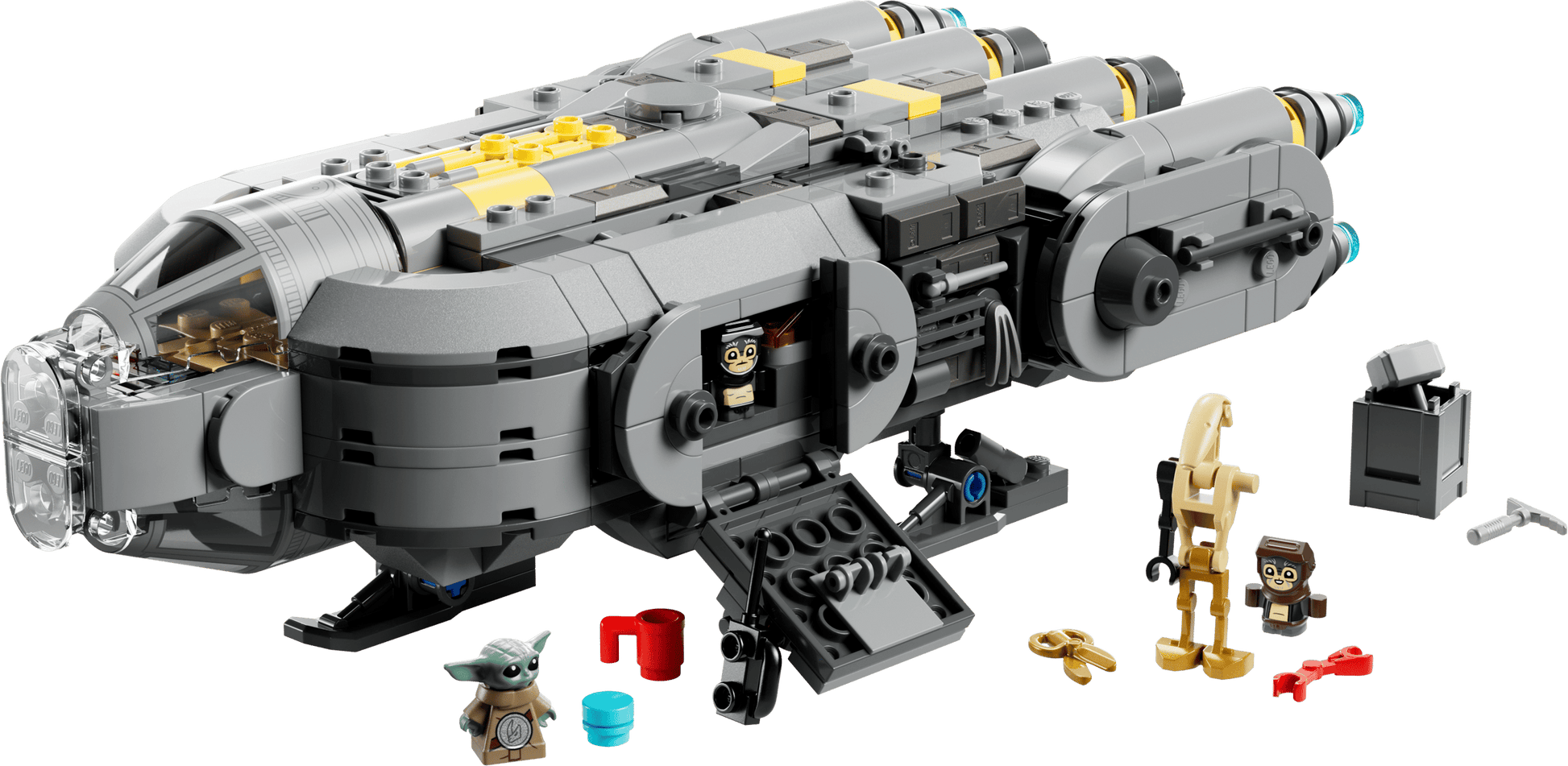 The LEGO® Star Wars™ Anzellan Starship by Legos - Toyhouse includes minifigures—a green character, two robot-like figures—and various small accessories displayed around the starship.