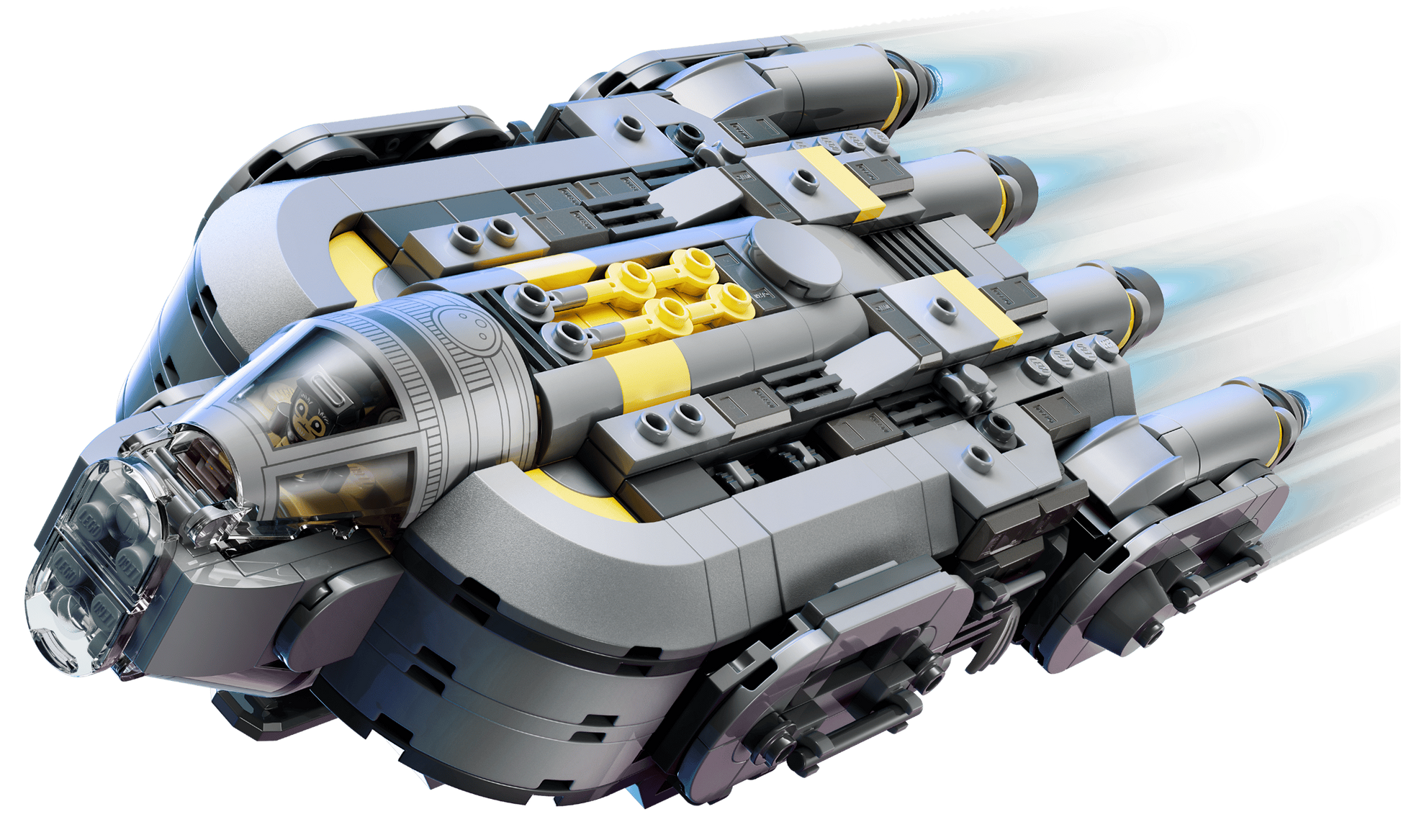 The LEGO® Star Wars™ Anzellan Starship by Legos - Toyhouse features gray, black, and yellow parts, a clear cockpit, and four blue-thrust engines—an ideal addition to any Mandalorian toy collection.